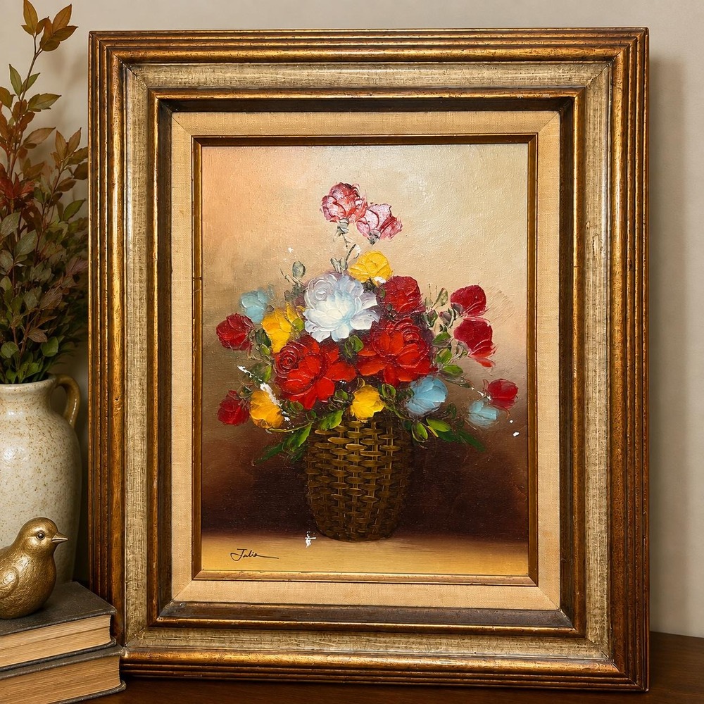 Vtg Signed Oil Painting Floral Still Life Basket Roses Gold Frame Cottagecore